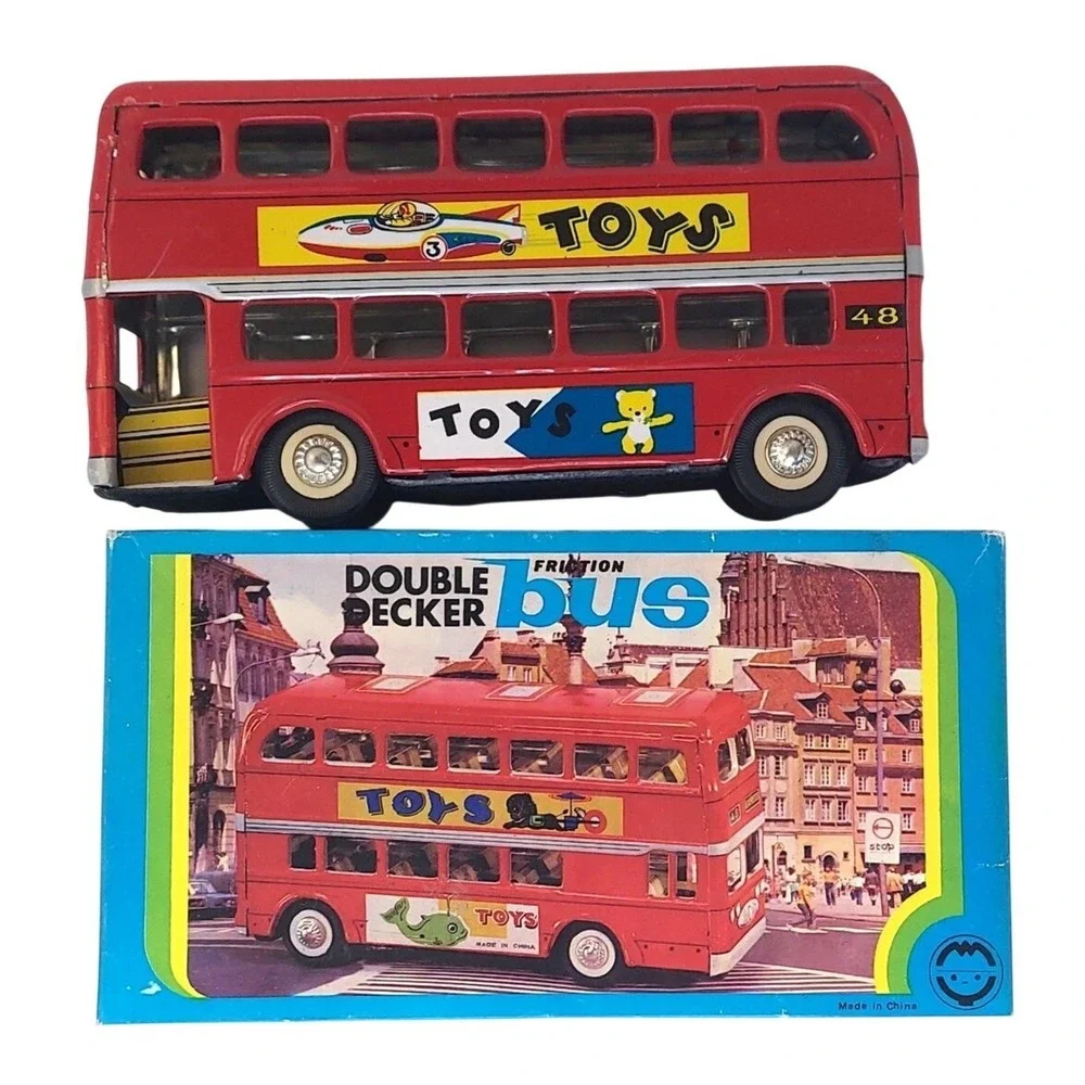 Vintage Friction Powered Toys Tin Double Decker Bus